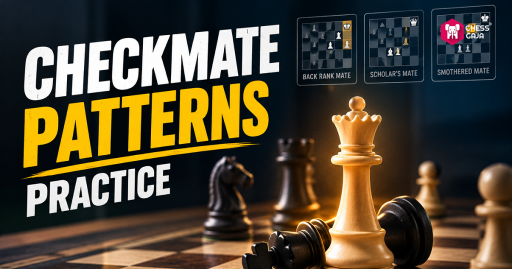 Chess board with toppled pieces, highlighted queen, and text: “Checkmate Patterns Practice.” Three checkmate patterns are shown: back rank mate, scholar’s mate, and smothered mate.