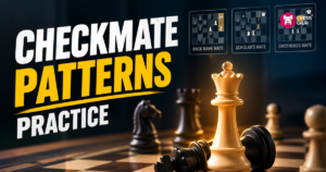 Chess board with toppled pieces, highlighted queen, and text: “Checkmate Patterns Practice.” Three checkmate patterns are shown: back rank mate, scholar’s mate, and smothered mate.