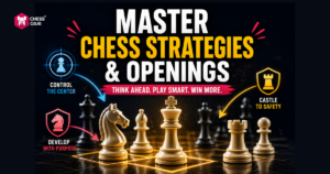Graphic promoting chess strategies and openings, featuring chess pieces, instructional icons, and bold text: “Master Chess Strategies & Openings. Think ahead. Play smart. Win more.”.