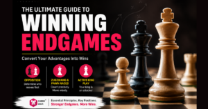 A chessboard with large chess pieces in focus; text reads “The Ultimate Guide to Winning Endgames” with tips and key endgame principles explained.