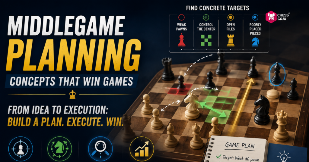 Chess middlegame planning guide showing a board with highlighted targets, pieces, and a notepad with the text “Game Plan.” Instructional graphics explain key planning concepts.