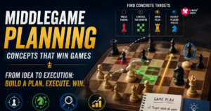 Chess middlegame planning guide showing a board with highlighted targets, pieces, and a notepad with the text “Game Plan.” Instructional graphics explain key planning concepts.