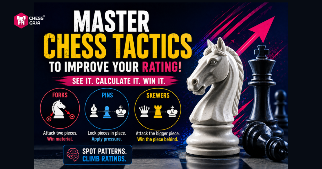A white knight stands on a chessboard with a toppled black king beside it. Text explains chess tactics: forks, pins, and skewers, and encourages improving your rating by learning these patterns.