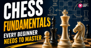 A chessboard with white and black chess pieces in focus, overlaid with text promoting “Chess Fundamentals Every Beginner Needs to Master.”.