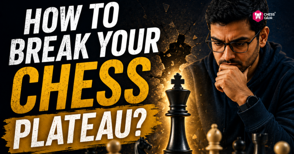 Man wearing glasses thinking over a chessboard, with large text: “How to break your chess plateau?” and Chess Guru logo in the top right corner.
