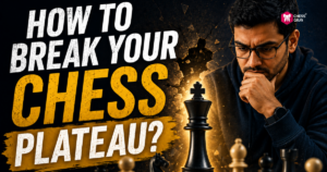 Man wearing glasses thinking over a chessboard, with large text: “How to break your chess plateau?” and Chess Guru logo in the top right corner.