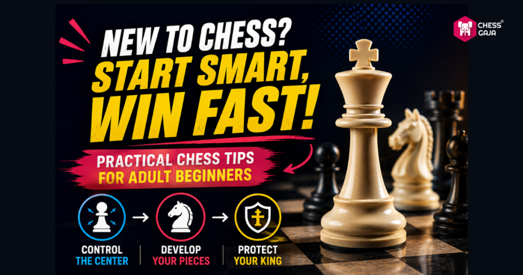 A chessboard with large chess pieces and text offering practical chess tips for adult beginners, including control the center, develop your pieces, and protect your king.