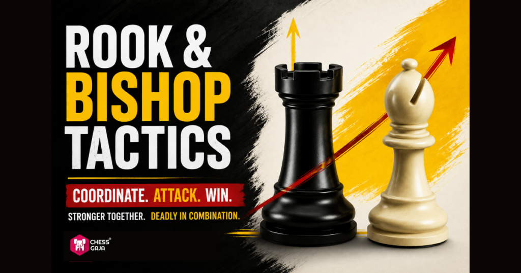 A black rook and white bishop stand side by side with arrows, highlighting “Rook & Bishop Tactics” in bold text, and promotional phrases about coordination, attack, and winning.