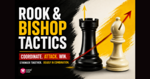 A black rook and white bishop stand side by side with arrows, highlighting “Rook & Bishop Tactics” in bold text, and promotional phrases about coordination, attack, and winning.