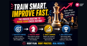 Infographic about improving chess rating, showing four steps: train, practice, track, and win, with icons and a chess king piece on a board; text highlights success through smart training.