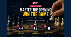 A chess player moves a white piece on a board; text highlights tips: control the center, develop efficiently, and castle early for a stronger opening game.
