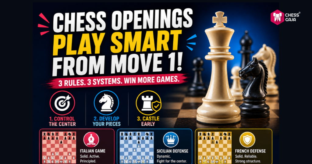 Chess openings guide with bold text on play strategies and visuals of chess pieces; highlights Italian Game, Sicilian Defense, and French Defense with their key characteristics and board diagrams.