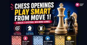 Chess openings guide with bold text on play strategies and visuals of chess pieces; highlights Italian Game, Sicilian Defense, and French Defense with their key characteristics and board diagrams.