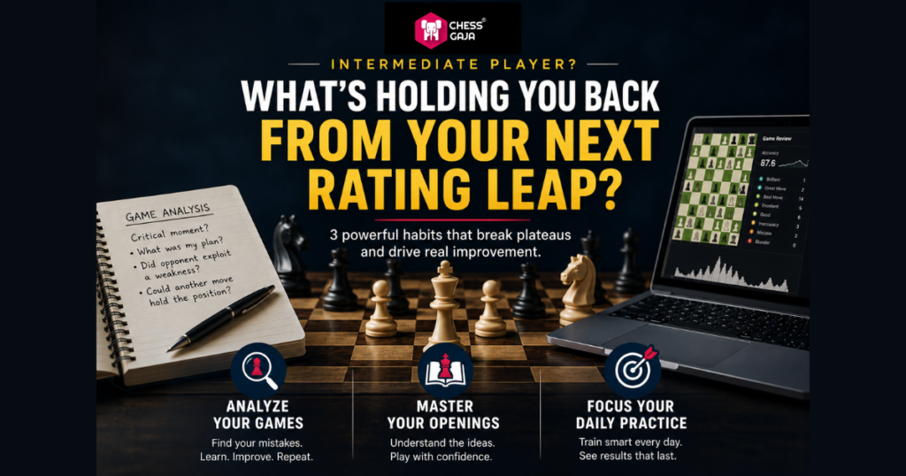 A promotional graphic for Chess Guru shows chess pieces, a laptop with an online chess game, and text on game analysis, openings, and daily practice for intermediate players.