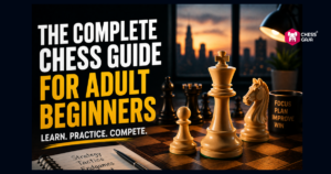 A chessboard with chess pieces, a notebook labeled “Strategy Tactics Endgames,” and text promoting a chess guide for adult beginners.