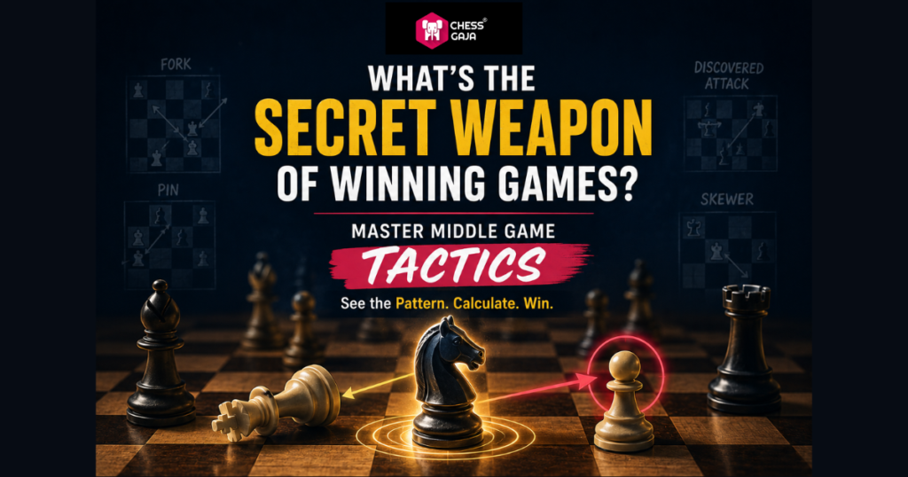 A chessboard with pieces and bold text: “What’s the secret weapon of winning games? Master middle game tactics. See the pattern. Calculate. Win.” Chess diagrams appear in the background.