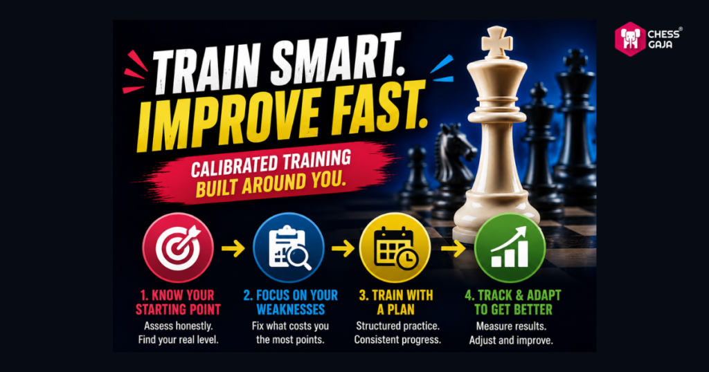 Infographic titled “Train Smart. Improve Fast.” with four steps to improve chess: know your starting point, focus on weaknesses, train with a plan, and track progress.