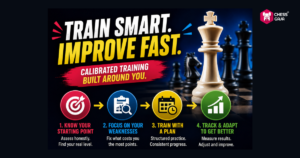 Infographic titled “Train Smart. Improve Fast.” with four steps to improve chess: know your starting point, focus on weaknesses, train with a plan, and track progress.
