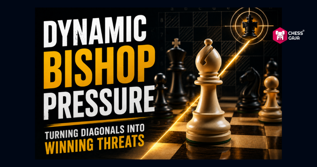 Chess training graphic with bold text “Dynamic Bishop Pressure: Turning Diagonals into Winning Threats” and an image of a bishop piece on a chessboard with highlighted diagonal lines.