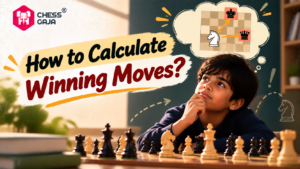 A boy sitting at a chessboard, thinking about a chess puzzle shown in a thought bubble with a knight move targeting a king and queen. Text reads: How to Calculate Winning Moves?.