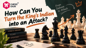A chessboard with black and white pieces, books labeled “King’s Indian,” and text asking how to turn the King’s Indian defense into an attack.
