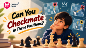 A young boy rests his chin on his hand while looking at a chessboard, with text asking “Can You Checkmate in These Positions?” and three diagrams illustrating chess checkmate scenarios.