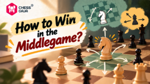 How to Win in the Middlegame?“ title card showing a chessboard with arrows illustrating knight and bishop moves.