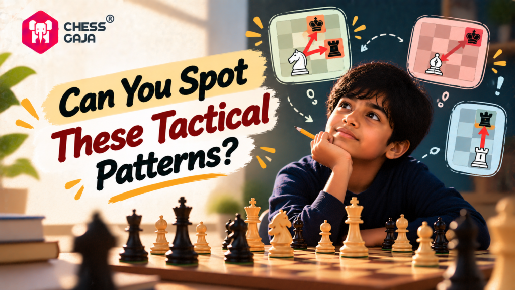 A child thinking at a chessboard, with text asking “Can You Spot These Tactical Patterns?” and diagrams showing examples of chess moves.