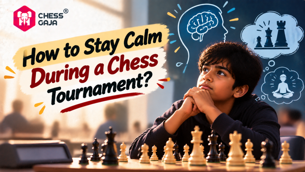 A young chess player sitting at a board with thought bubbles showing a brain, chess pieces, and a person meditating. Text reads: “How to Stay Calm During a Chess Tournament?” and “Chess Gaja.”.
