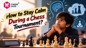 A young chess player sitting at a board with thought bubbles showing a brain, chess pieces, and a person meditating. Text reads: “How to Stay Calm During a Chess Tournament?” and “Chess Gaja.”.