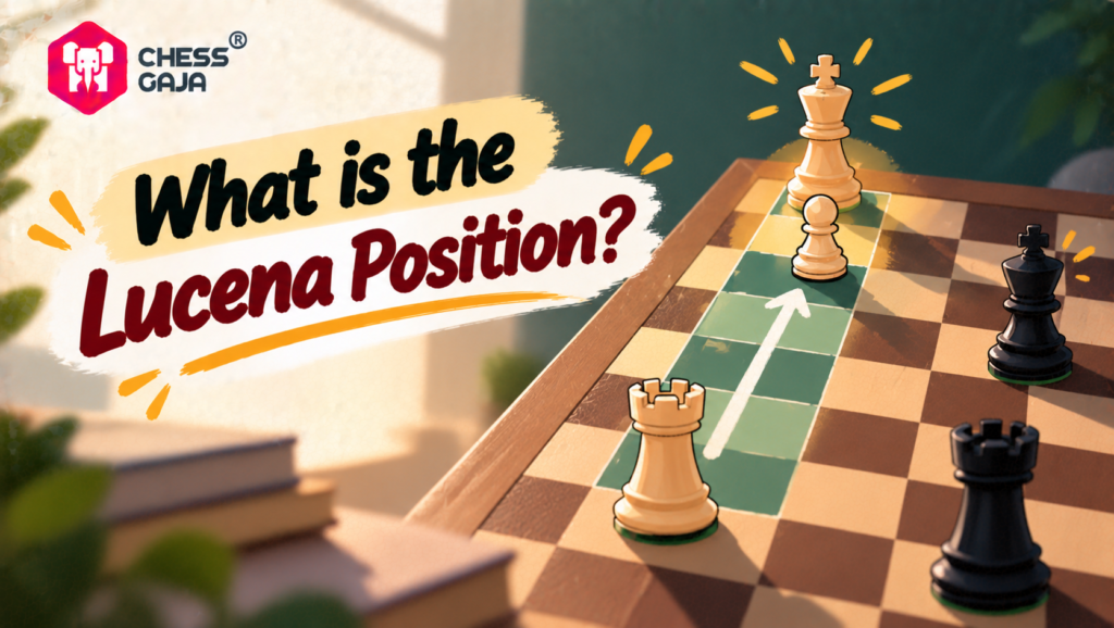 Chess board showing a rook and king supporting a pawn, with text reading “What is the Lucena Position?” and the Chess Gaja logo in the corner.