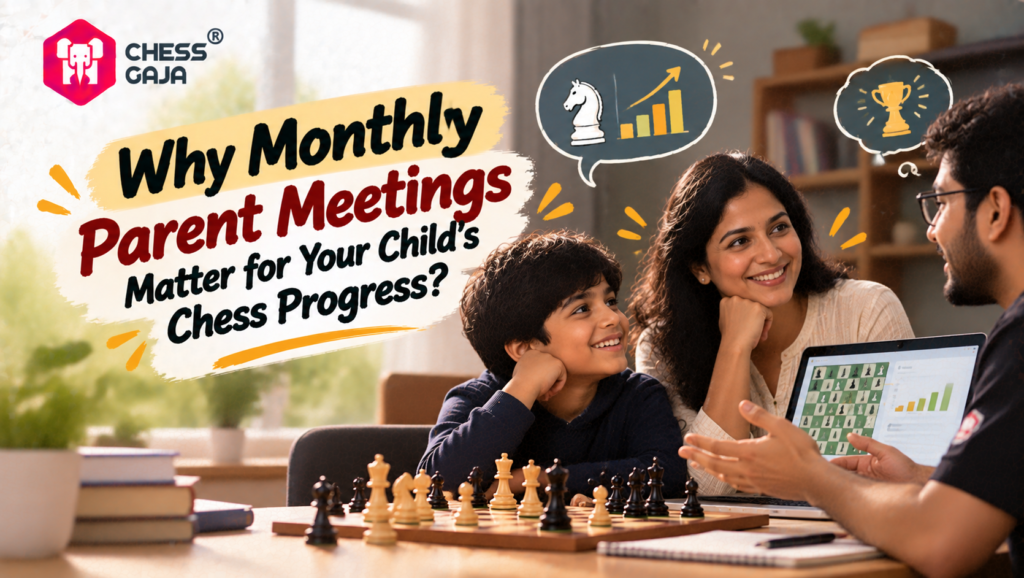 A woman and child look at a man across a chessboard and a laptop; text reads “Why Monthly Parent Meetings Matter for Your Child’s Chess Progress?” with icons of a knight, a growth chart, and a trophy.