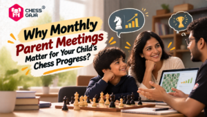 A woman and child look at a man across a chessboard and a laptop; text reads “Why Monthly Parent Meetings Matter for Your Child’s Chess Progress?” with icons of a knight, a growth chart, and a trophy.