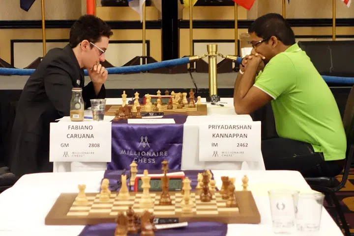 Fabiano Caruana and GM Priyadharshan Kannappan at the 2015 Millionaire Chess Open
