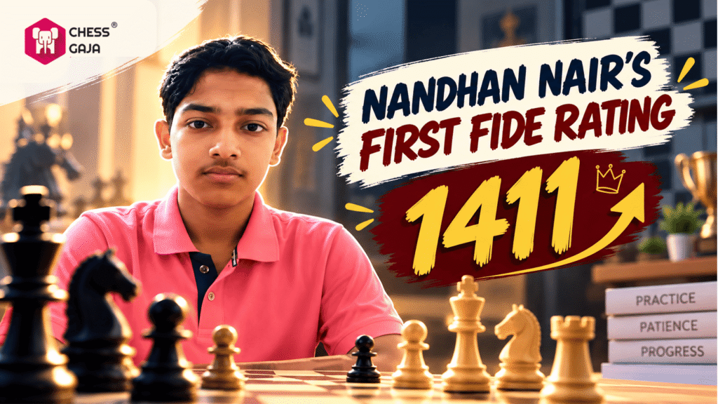 Young man sitting at a chessboard with text reading “Nandhan Nair’s First FIDE Rating 1411” and the Chess Gaja logo.