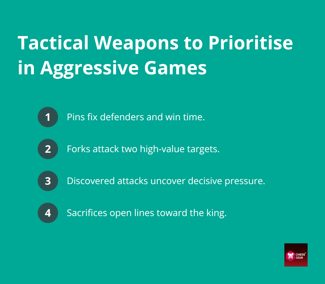 Compact list of core tactics: pins, forks, discovered attacks, and sacrifices
