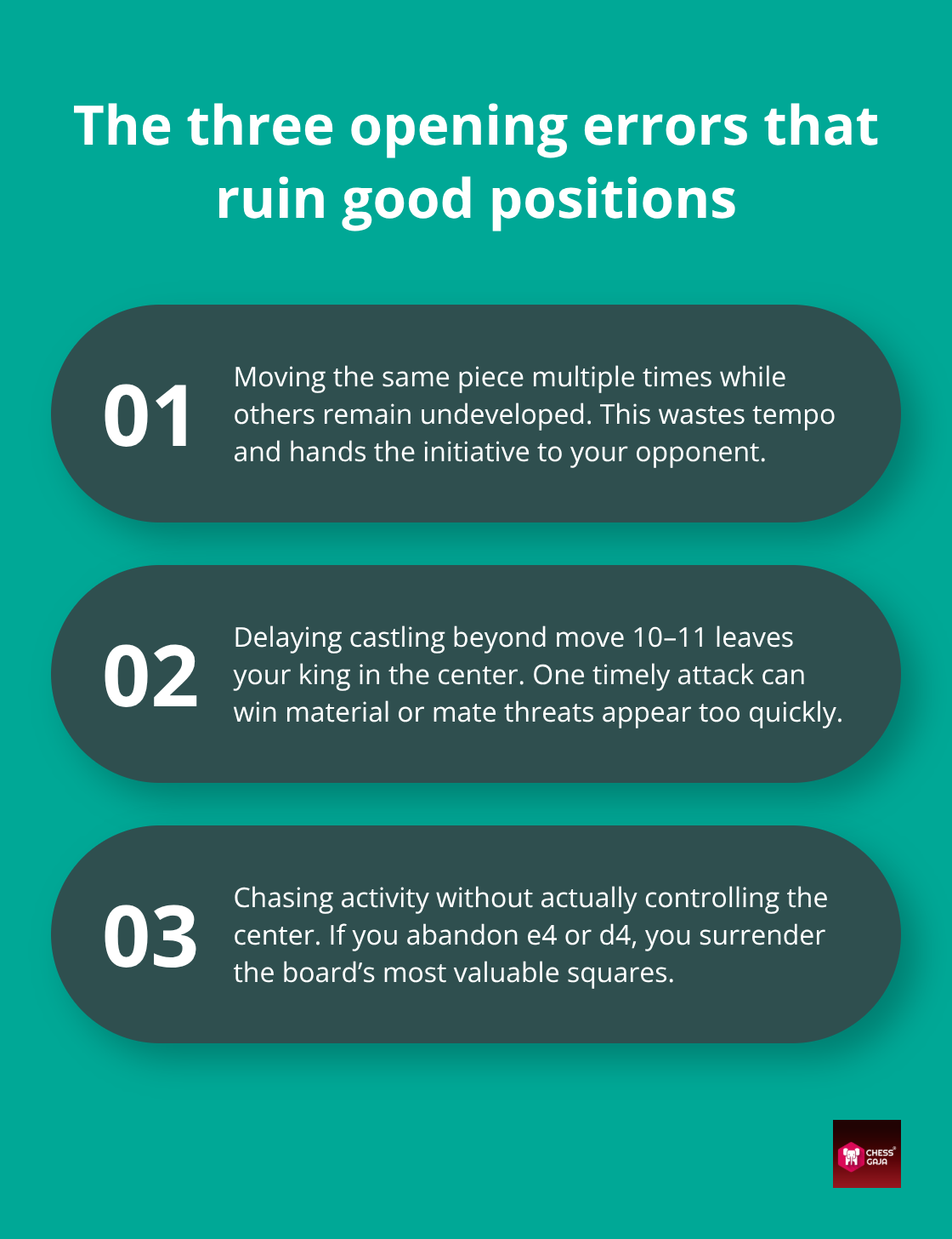 Stylized three-point list of common beginner opening mistakes and how to avoid them - Best openings for beginners