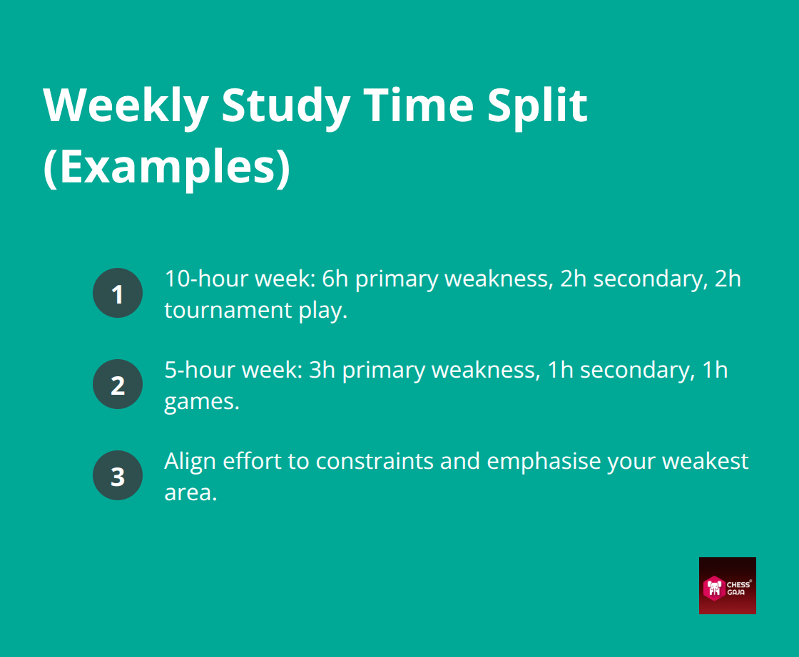 Compact list showing 10-hour and 5-hour weekly chess study allocations. - calibrated training for beginners