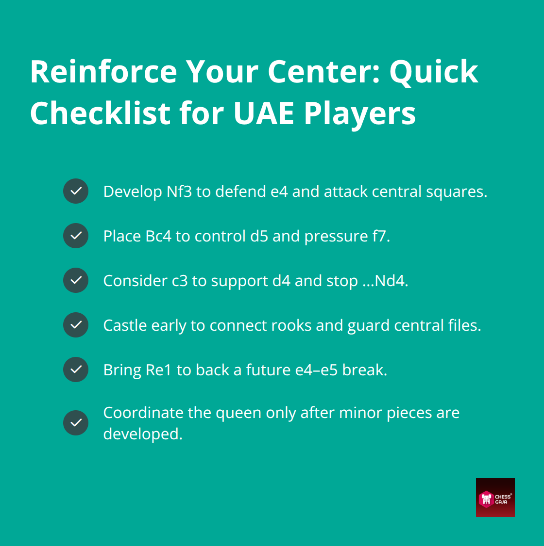 Practical reinforcement actions after e4 or d4 in UAE club play - Central control principles