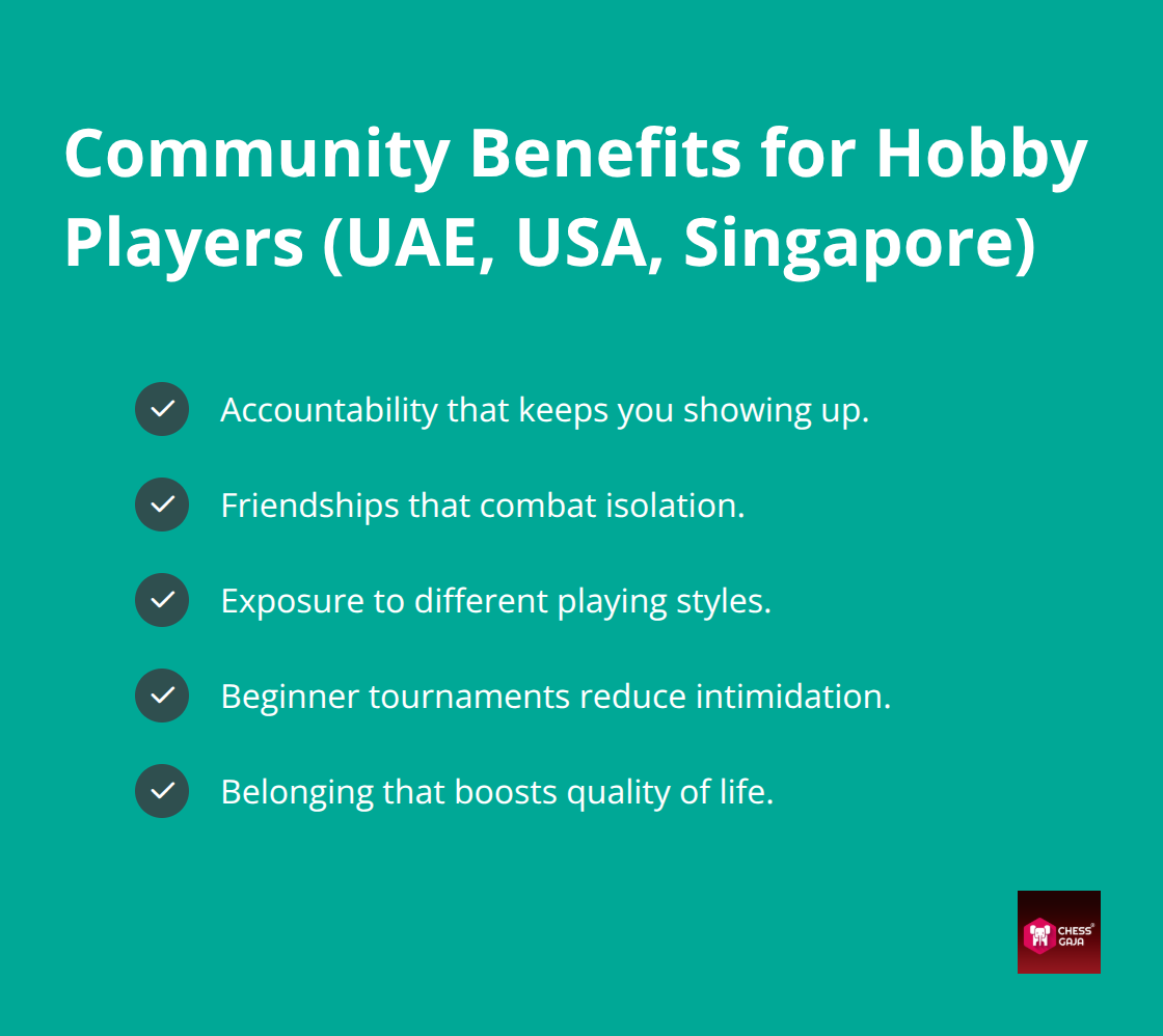 Checkmark list of social and motivational benefits from regular chess club attendance - chess as hobby ideas