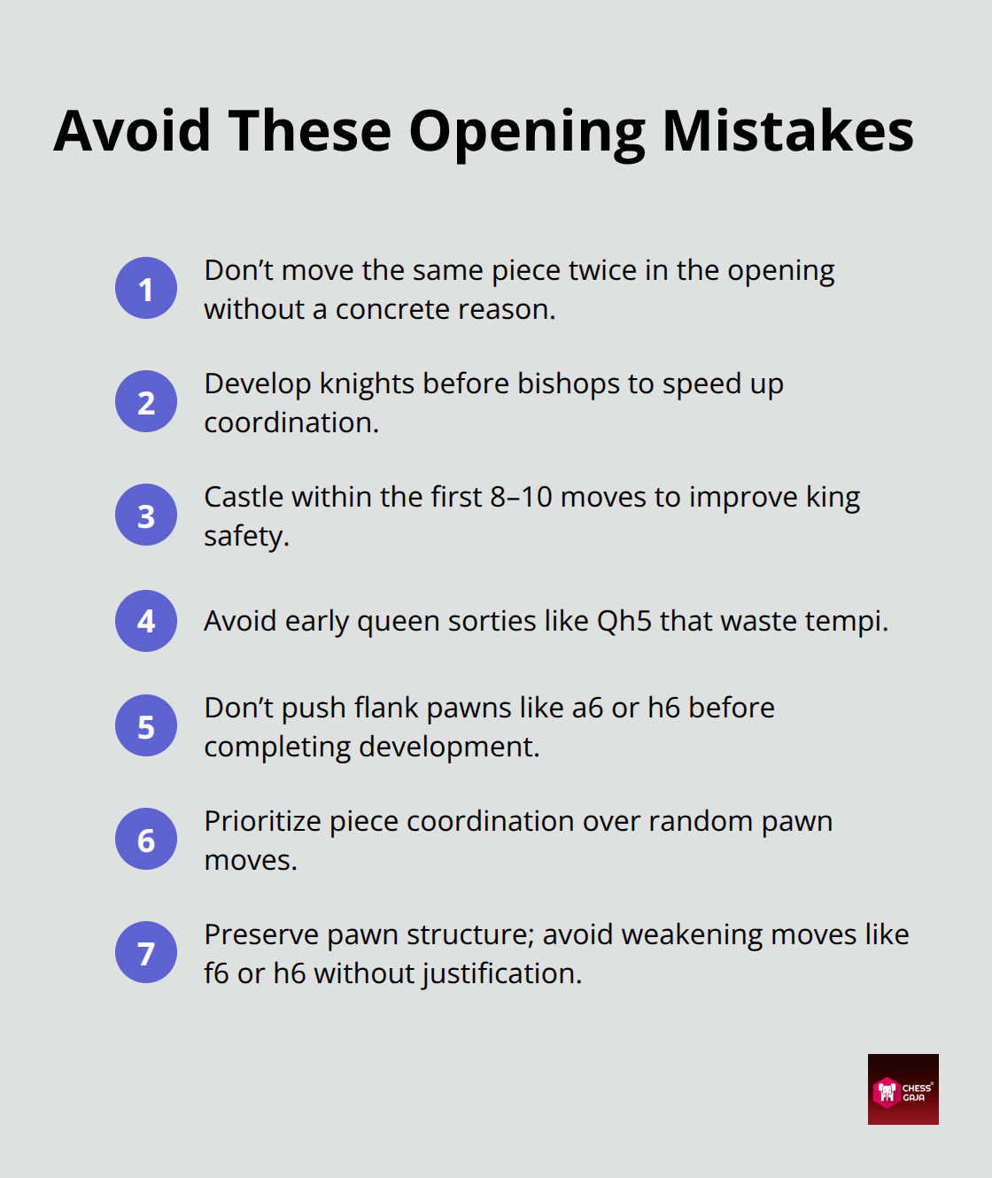 Compact checklist of common opening errors to avoid in chess.