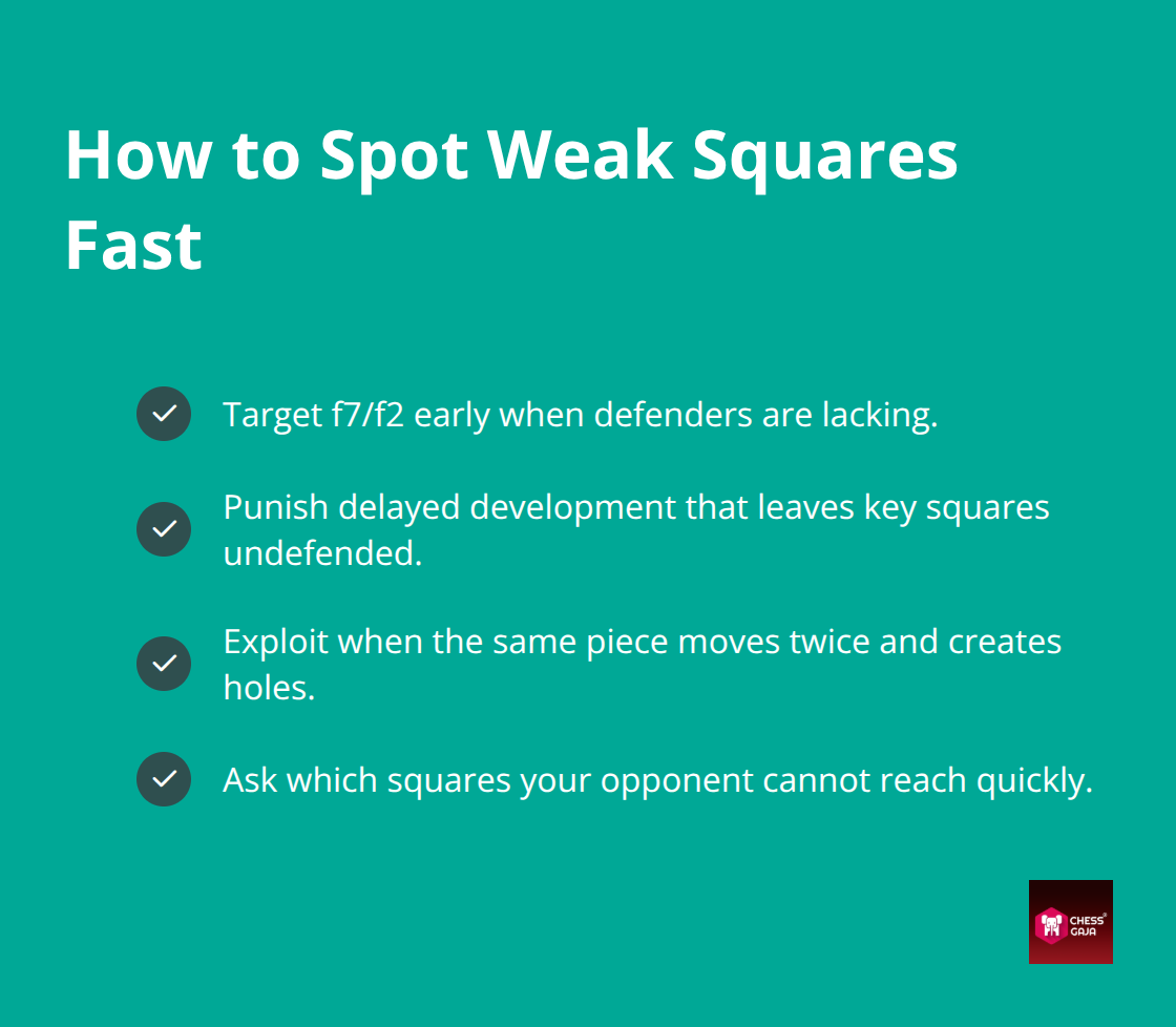 Checklist of cues for identifying weak squares like f7/f2 and unreachable squares.