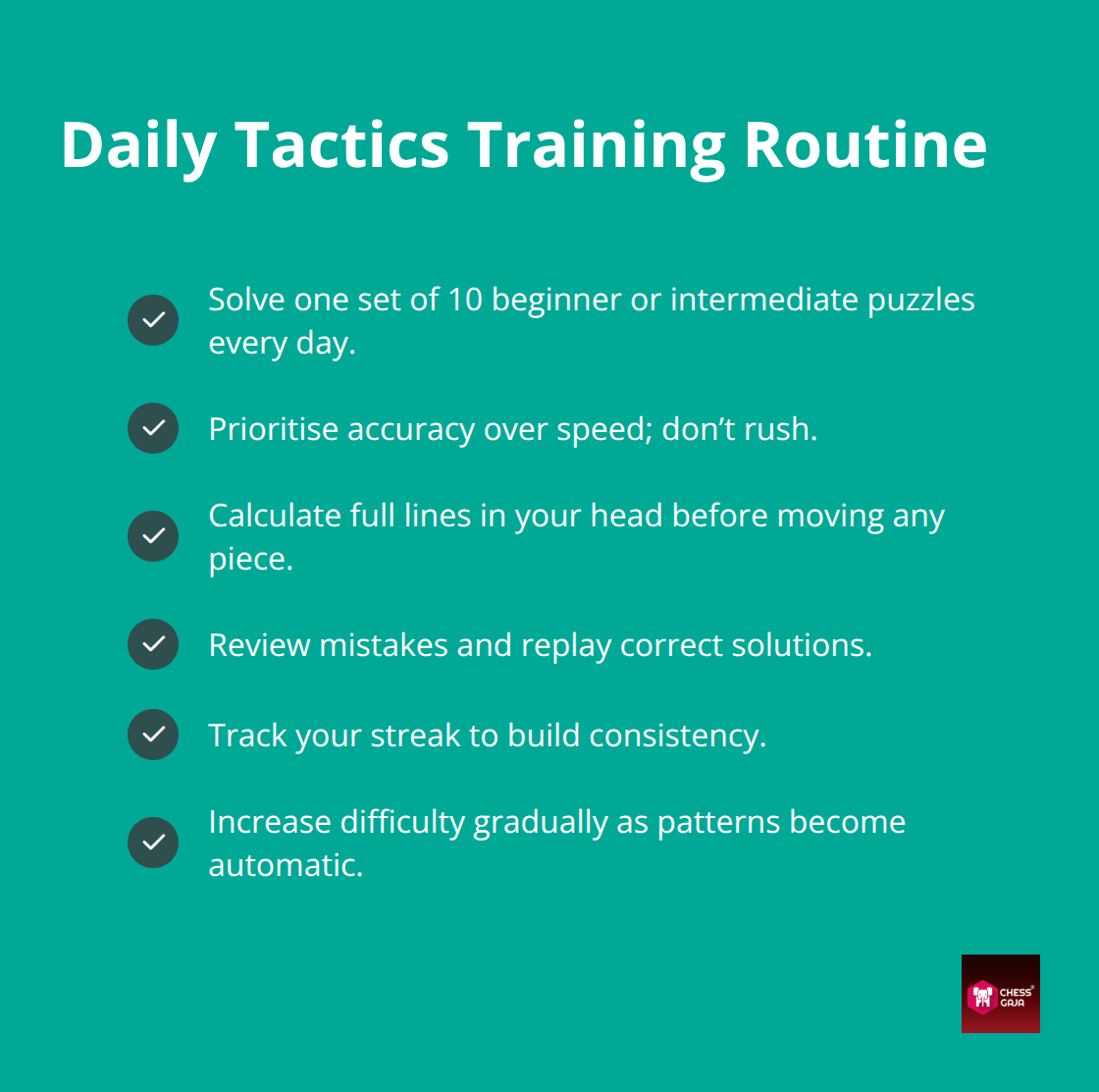 A checkmark list outlining a simple daily chess tactics practice plan. - chess strategy and tactics