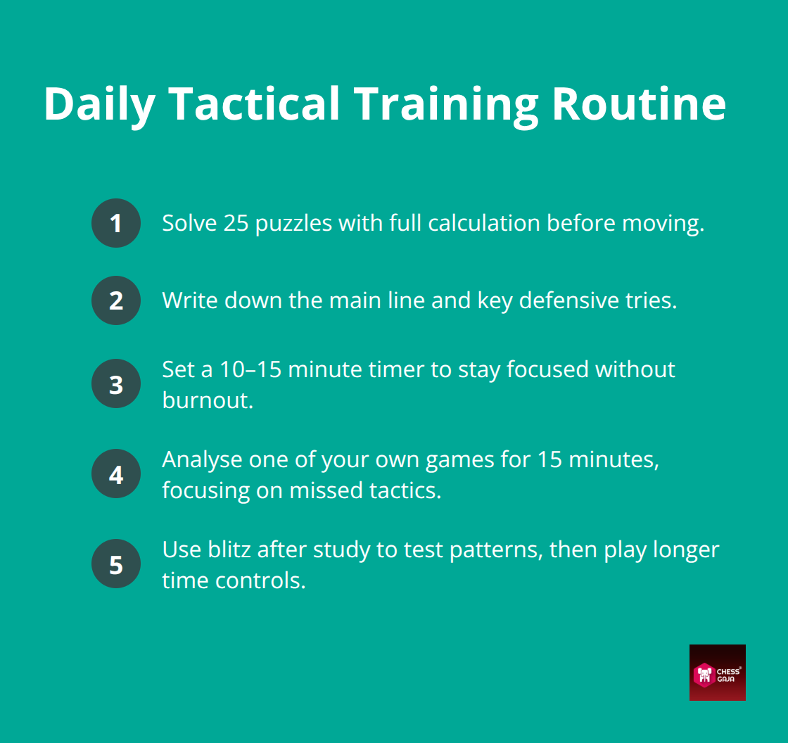 Compact checklist of a daily chess training routine emphasising accuracy, analysis, and testing in blitz. - chess tactics to improve rating