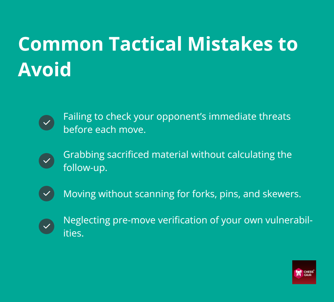 Checkmark list highlighting frequent tactical errors that cause material losses at club level. - chess tactics to improve rating