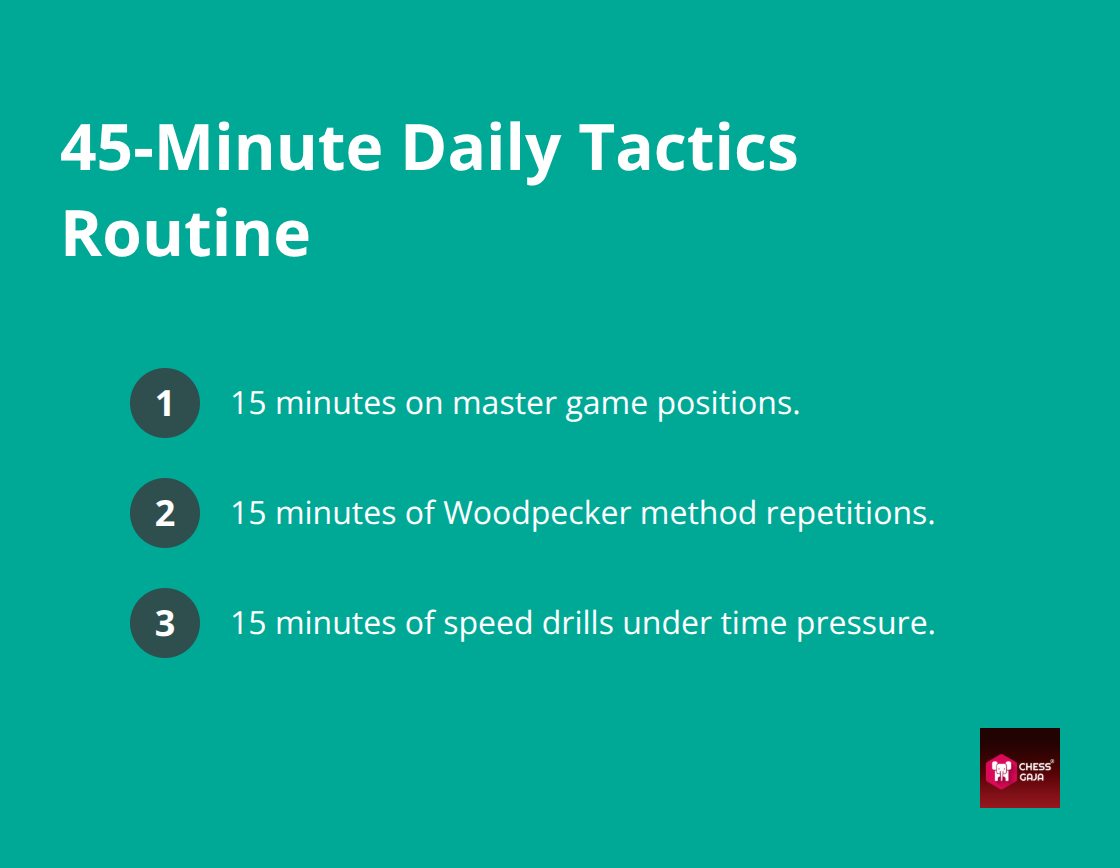 Compact list summarizing a three-part 45-minute chess tactics routine
