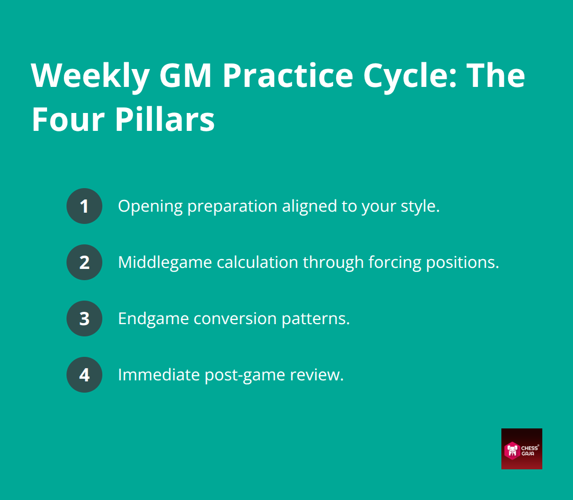 Compact list of four weekly training areas used by grandmasters - GM level training insights
