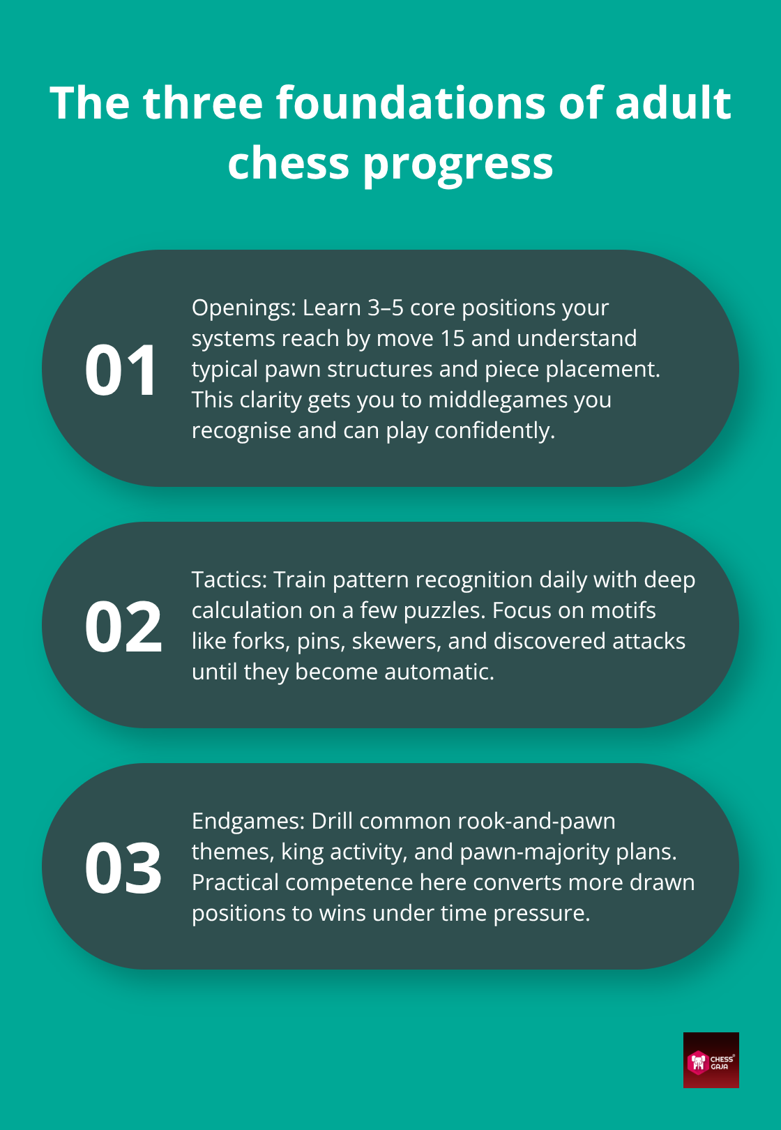 Openings, tactics, and endgames outlined for adult improvement - improve chess as adult