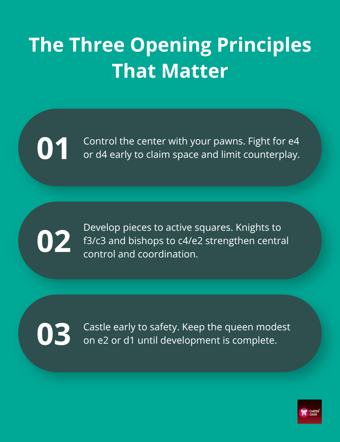 Three core opening principles for adult beginners, summarised for quick reference. - adult beginners chess journey