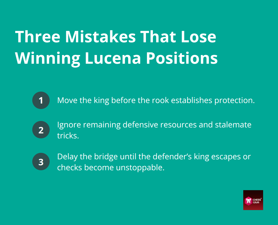 Compact list of three common errors that turn winning Lucena positions into draws or losses. - Lucena position explained